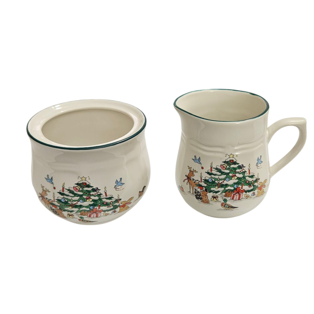 Ming Pao Woodland Christmas Creamer & Sugar Bowl Set Holiday Stoneware